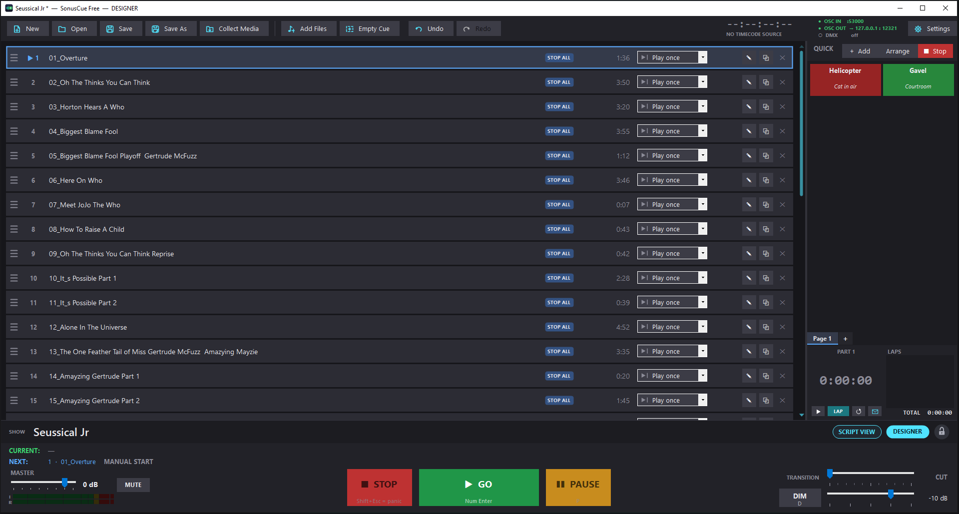 The SonusCue main screen: the cue list, quick hits and the GO, STOP, PAUSE and PANIC buttons