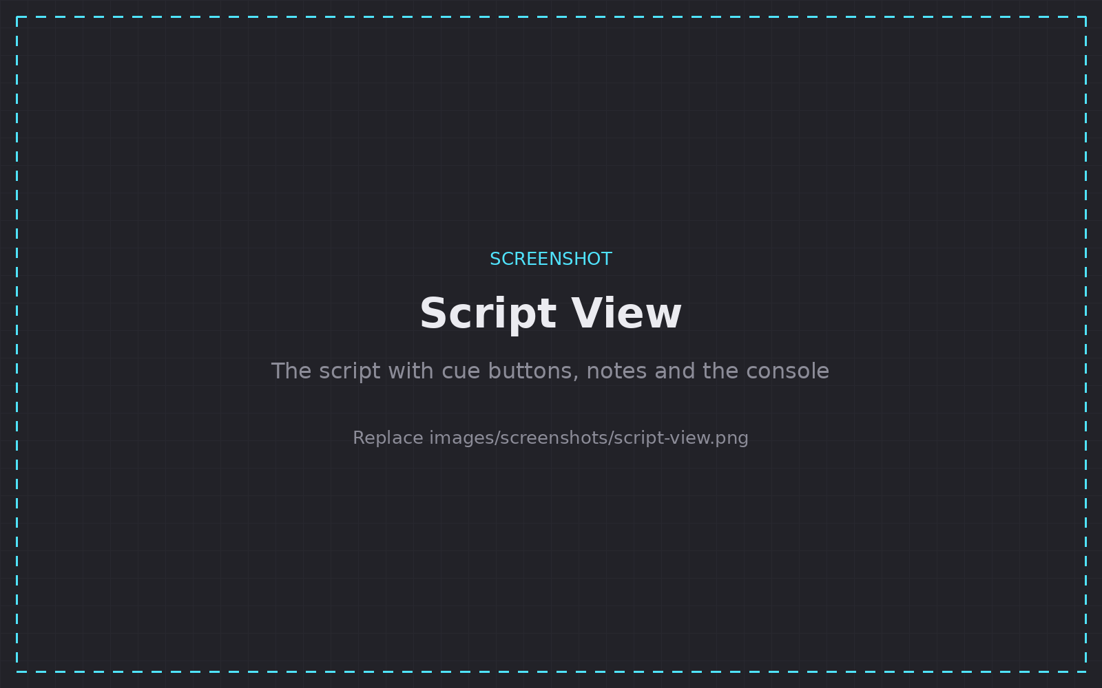 Script View: a script page with cue buttons placed on it, notes, and the playback console