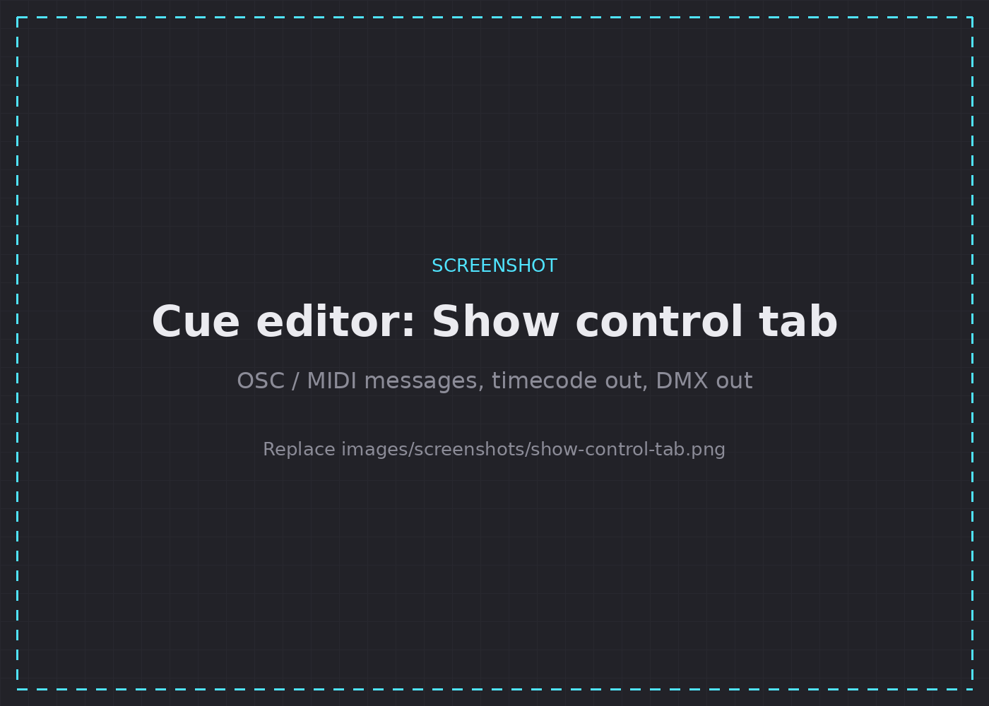 The cue editor's Show control tab with OSC and MIDI messages, timecode out and DMX out